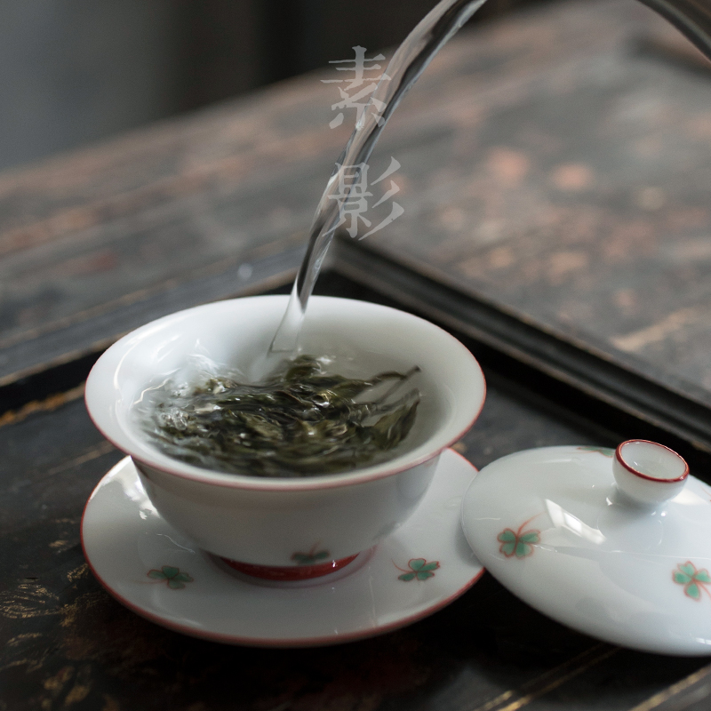 素影青花盖碗陶瓷茶碗手工三才四叶草手抓泡茶盖碗