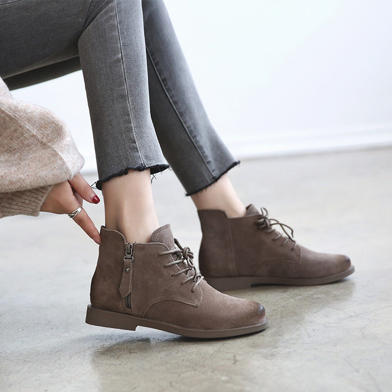 磨砂牛皮短靴真皮马丁平底短筒靴子时装靴