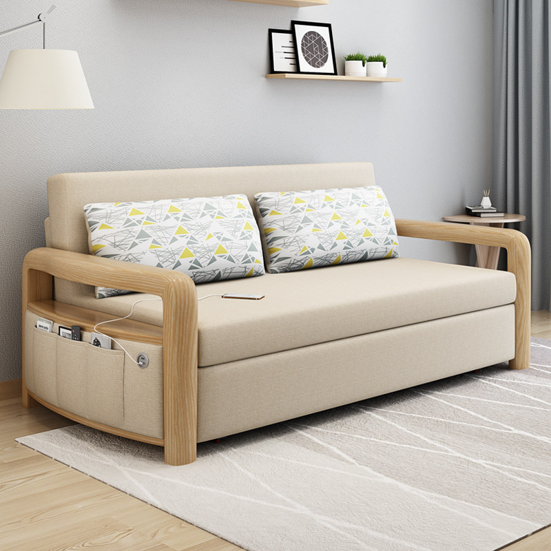 实木沙发床储物两用可折叠双人客厅小户型网红款多功能推拉折叠床