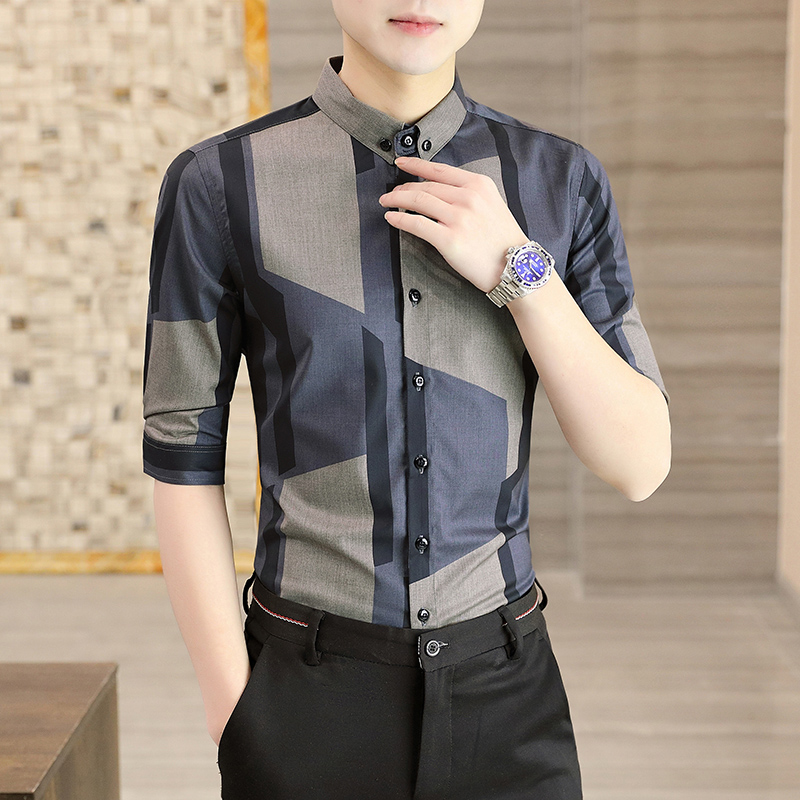 潮牌冰丝衬衫男士五分短袖2022夏季新款韩版英伦抗皱中袖衬衣体恤