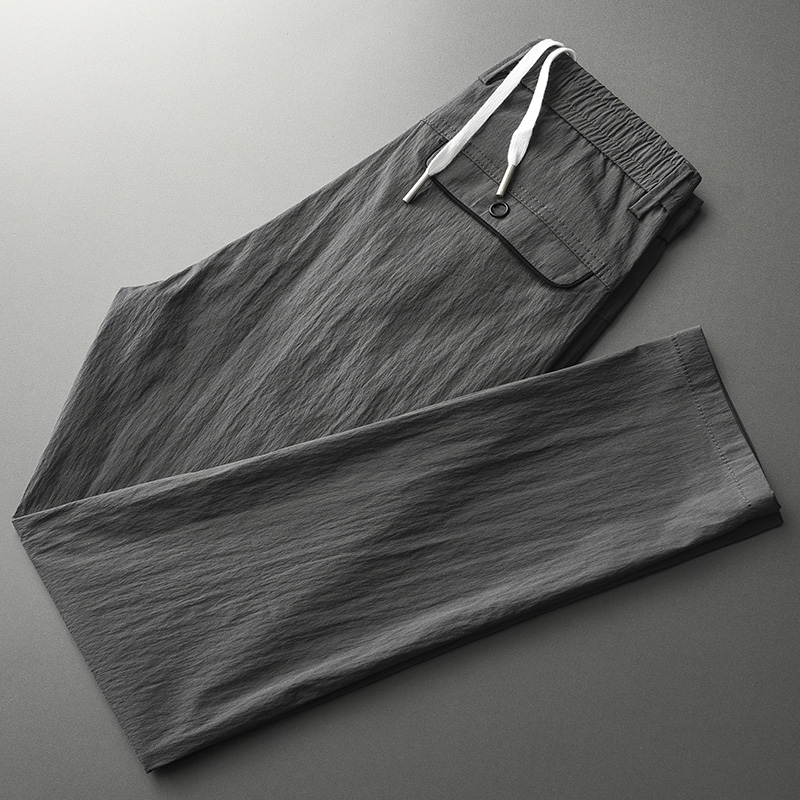 潮牌夏季冰丝裤男薄款韩版新款春季宽松直筒抽绳修身潮流休闲裤子