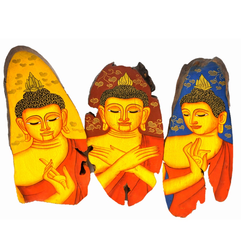 泰国进口手绘彩色佛头实木画片家居客厅摆件装饰挂牌