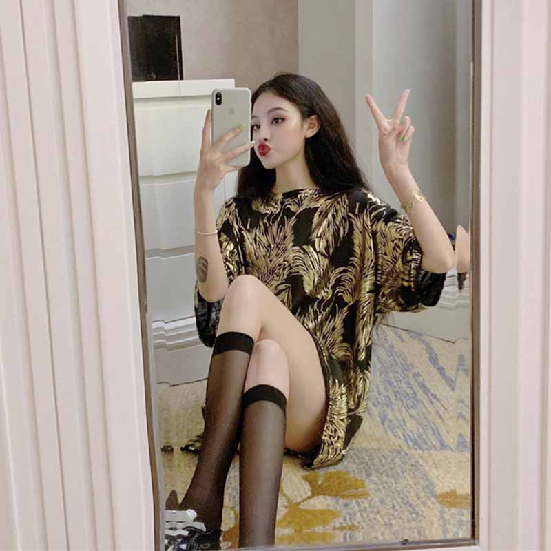 大码烫金冰丝欧货大版oversize短袖t恤女宽松中长款潮流大码上衣