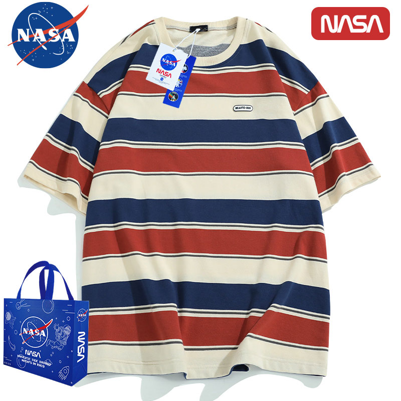 NASA官网联名日系条纹短袖t恤男2022年夏季复古宽松港风ins情侣装
