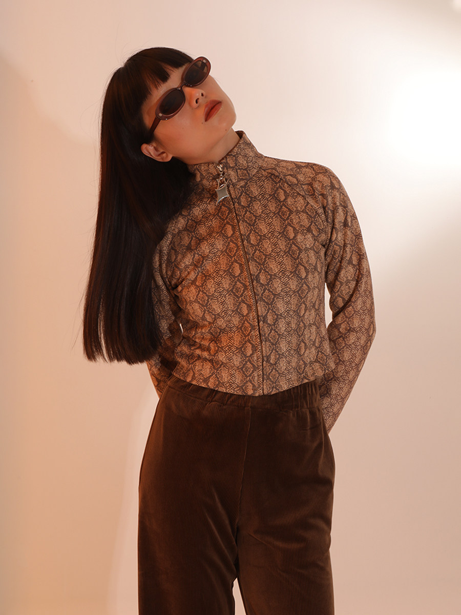 grapekiss短款外套2021年新款蛇纹紧身皮衣百搭皮衣