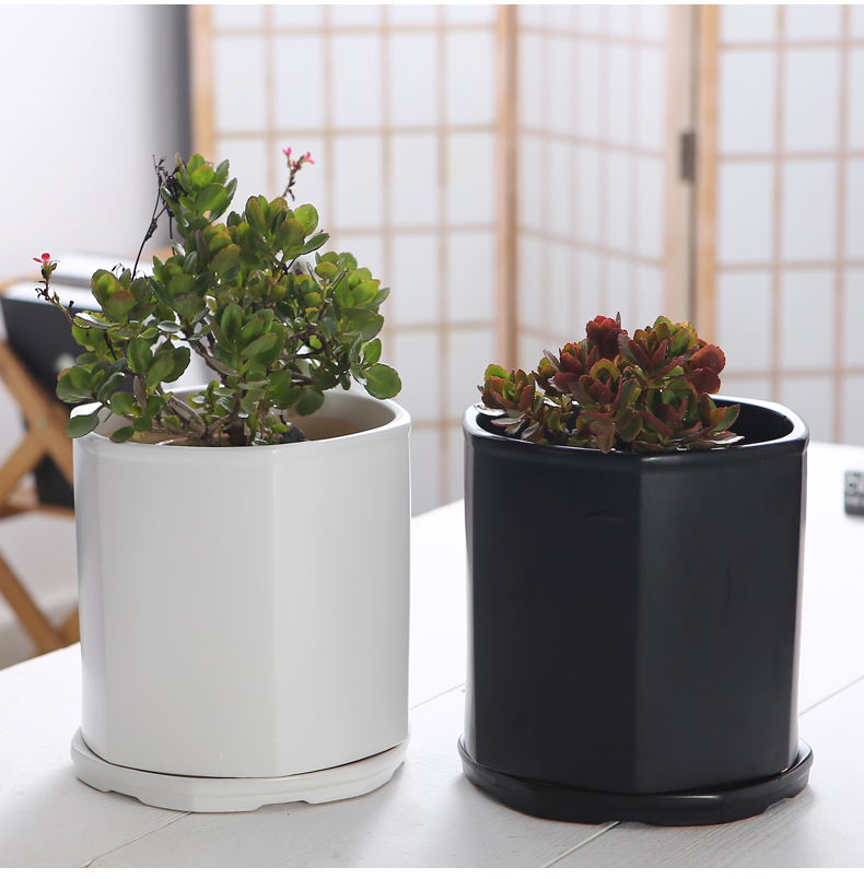 简约陶瓷花盆带托盘包邮现代家居桌面地面种树哑光八角大花盆批发