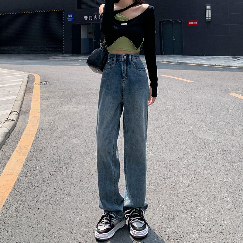 高腰直筒牛仔裤女秋冬2021年新款复古小个子宽松阔腿加绒拖地裤子