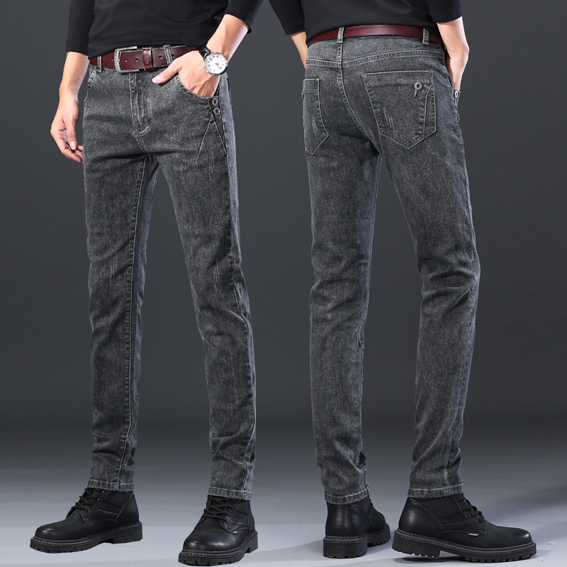 2022春秋款灰色牛仔裤男士潮牌修身小脚休闲百搭弹力简约时尚长裤