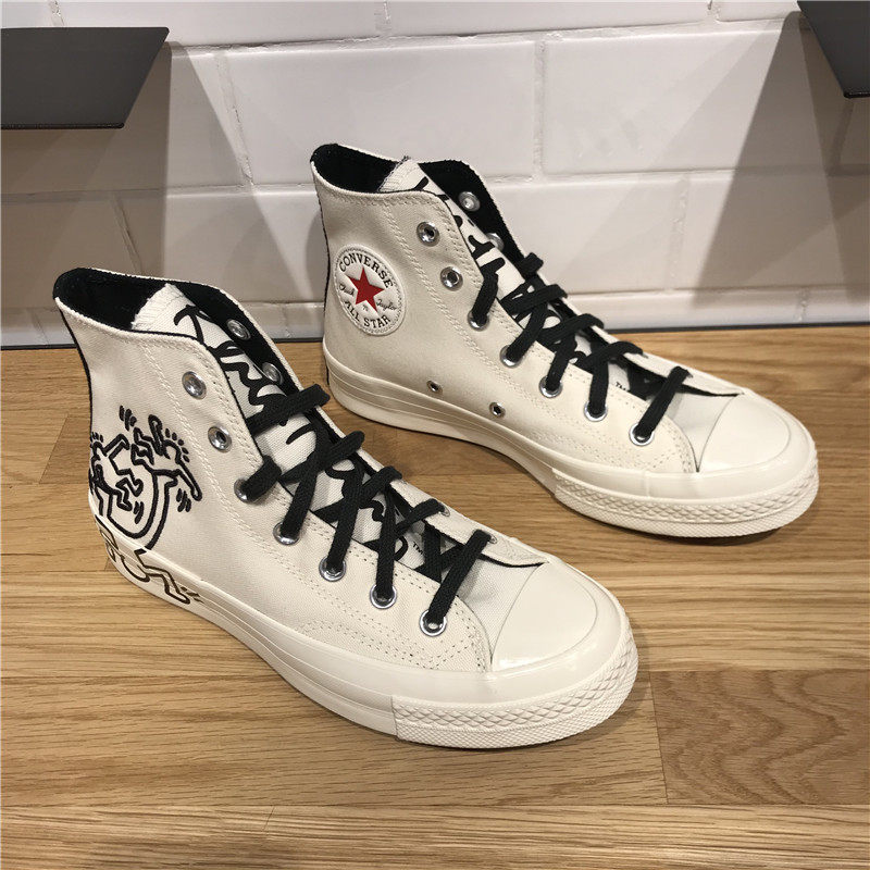 匡威keithharing联名名米白色1970s刺绣小红花高帮帆帆布鞋