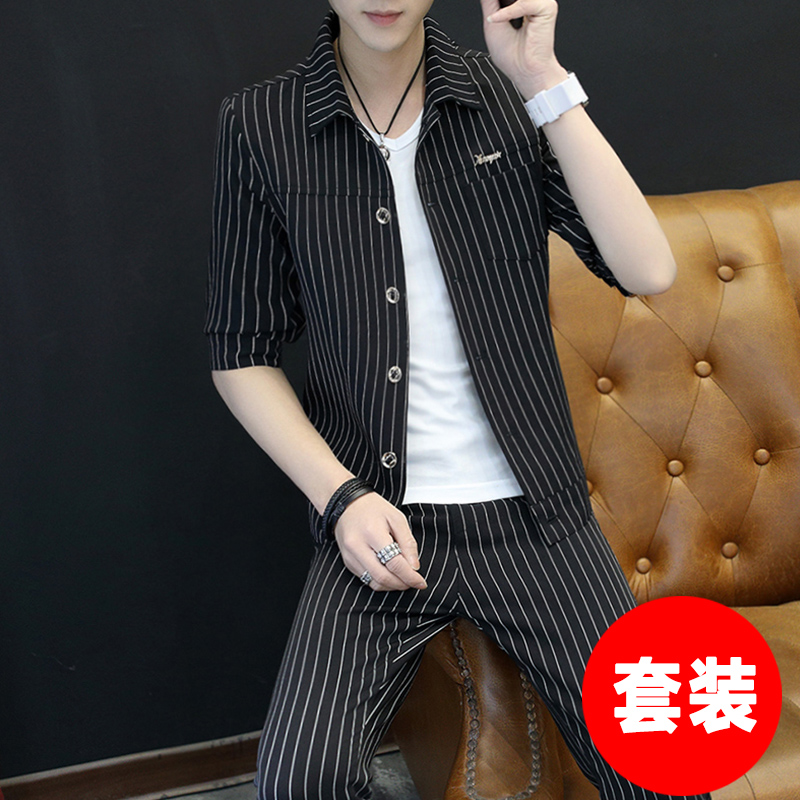 2022夏季中袖西装男套装潮流修身韩版休闲西服格子翻领夹克一套帅