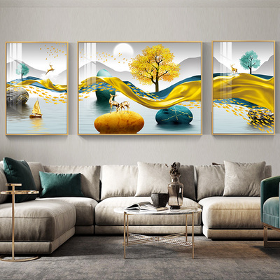 福禄有余现代轻奢客厅装饰画三联画抽象大气山水画沙发背景墙挂画