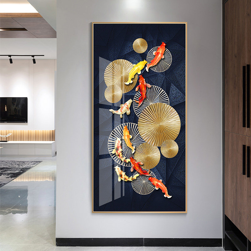 九鱼福瑞 玄关装饰画新中式客厅竖版走廊尽头挂画轻奢入户晶瓷画
