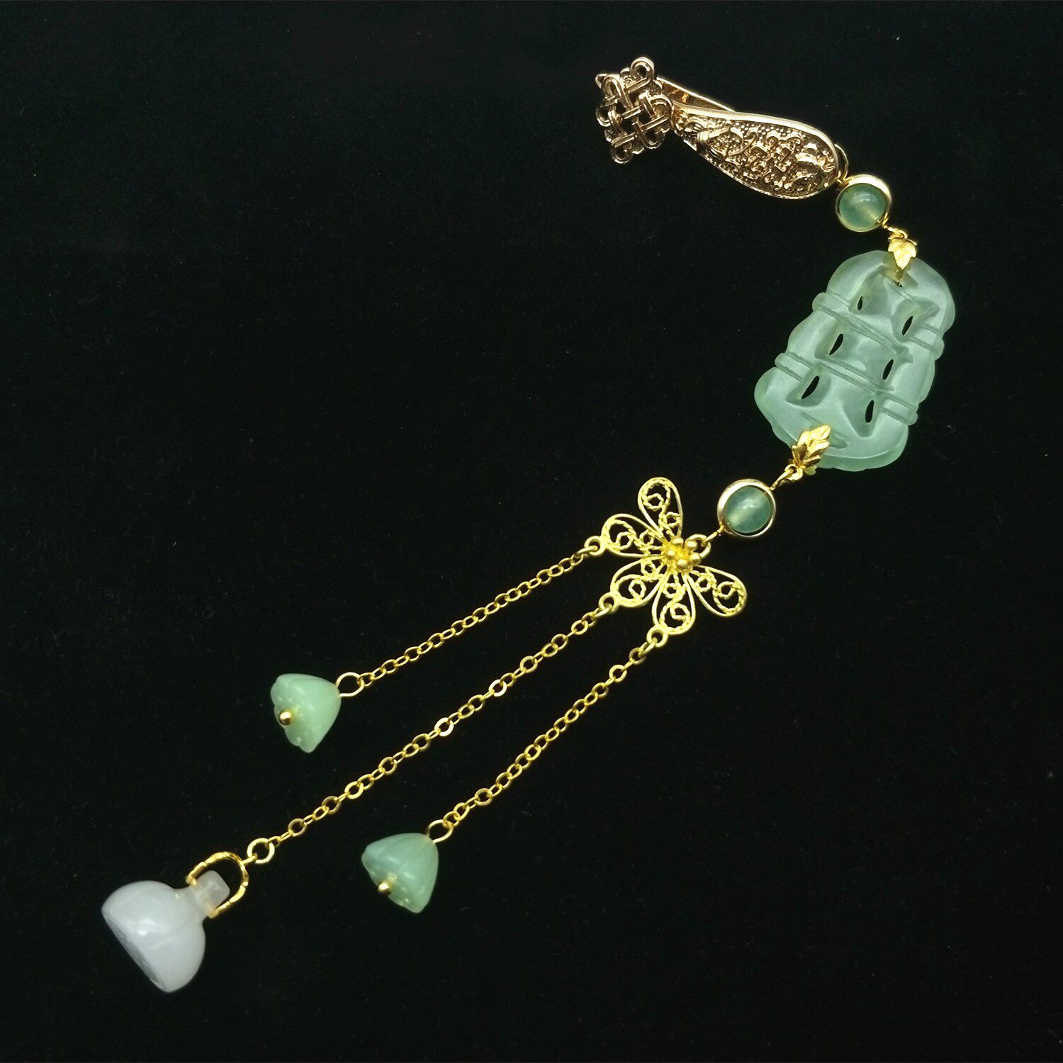 竹袅莲朵原创中式白玉翡翠竹节玉石压襟挂件胸针