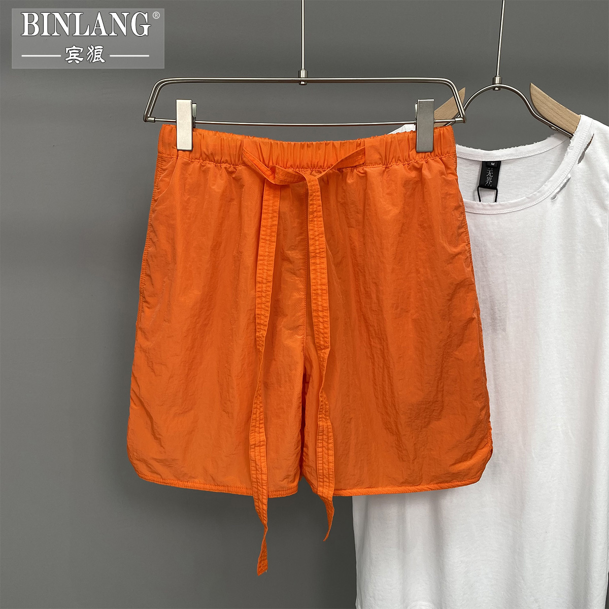 飘带冰丝短裤男夏季薄款跑步运动五分裤潮牌宽松速干情侣沙滩裤子