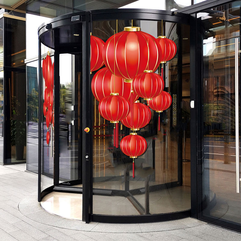 装饰2022元旦新年灯笼透明静电玻璃贴纸商场节日装扮用品