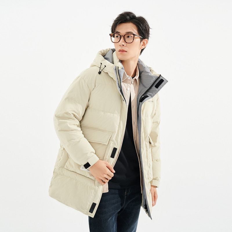 快鱼2022冬新厚带中长羽绒服时尚大口口袋灰鸭羽绒服