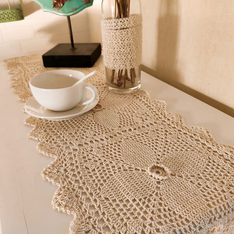 北欧欧风纯棉棉线手工钩针桌旗床旗桌布钩花桌旗