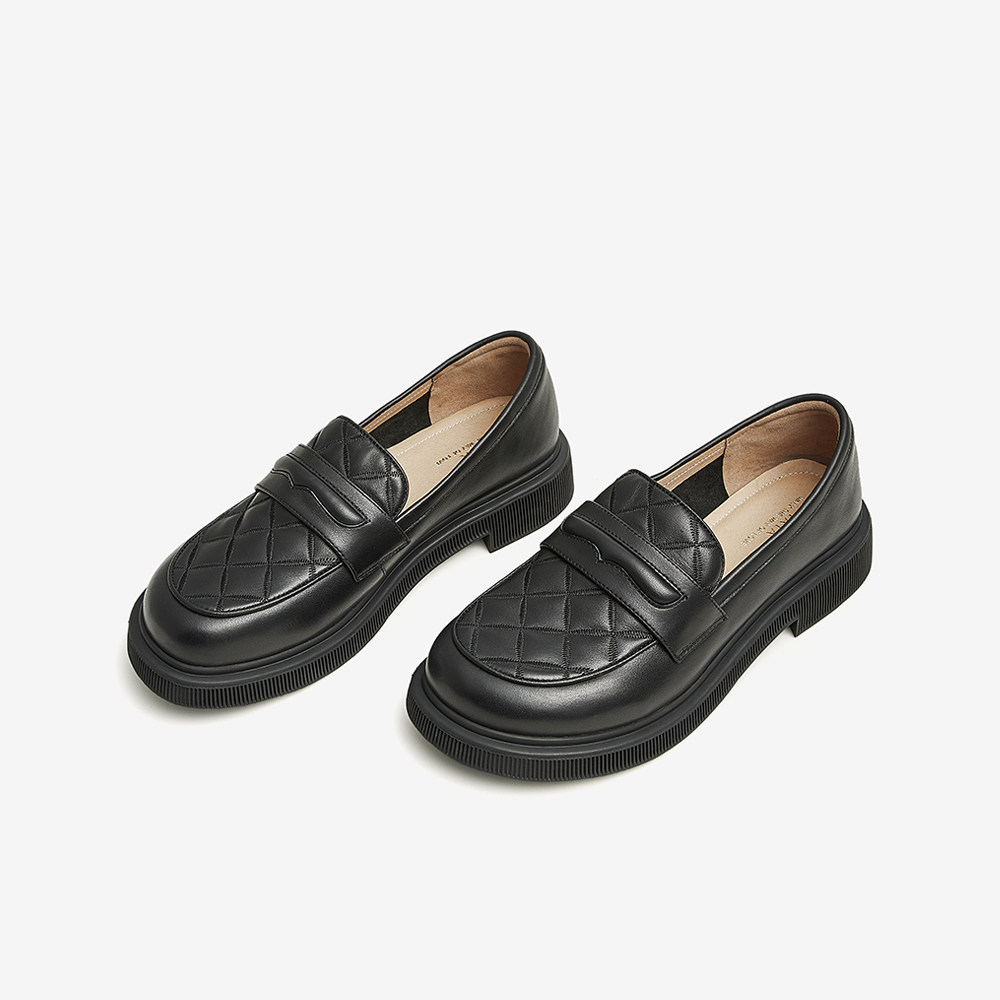 tata他她圆头菱格大头乐福鞋女平底一脚脚蹬乐福鞋豆豆鞋