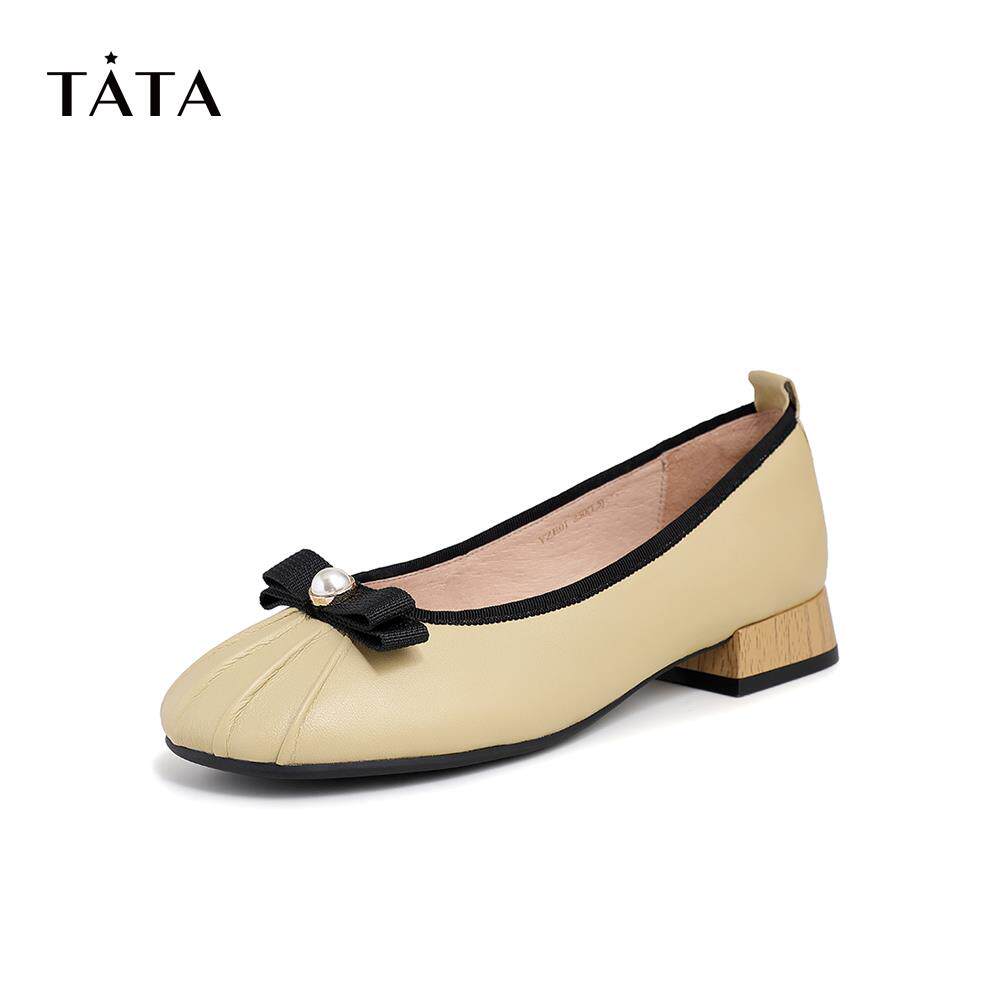 tata他她2021专柜同款百搭甜美蝴蝶结低跟浅口单鞋
