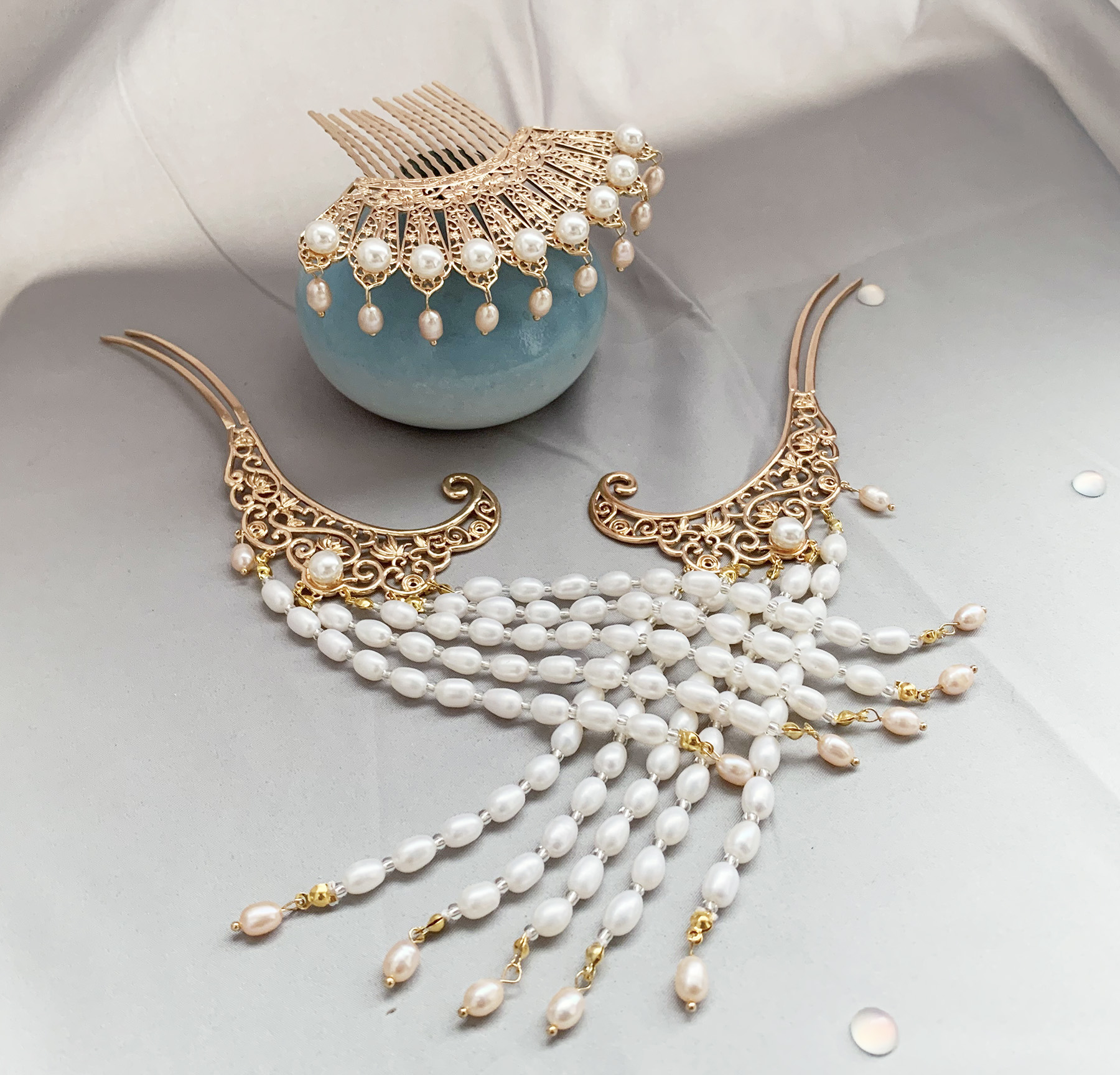 寒露家古风发饰发簪明制头饰珍珠流苏花排发梳华丽结婚配饰女