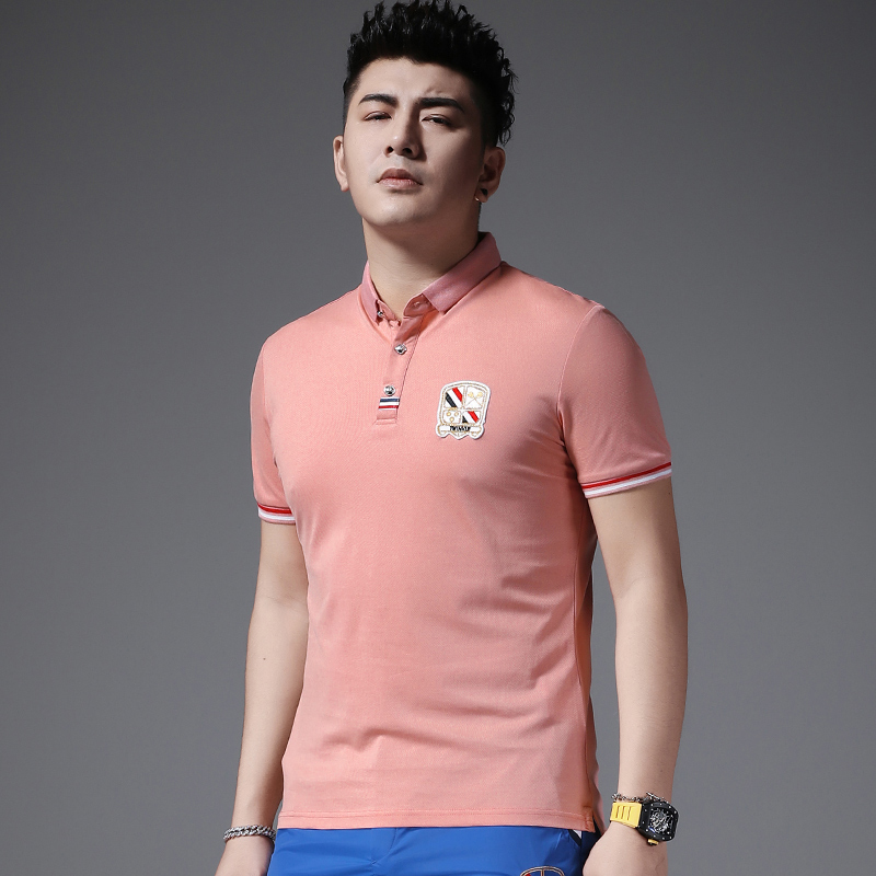 青春活力丝光棉t恤男短袖翻领潮流潮牌粉色