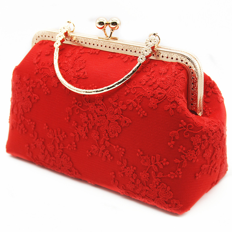 【最新折扣价88元】依瑾手作结婚新娘纯红蕾丝手工口金手提斜挎婚宴敬