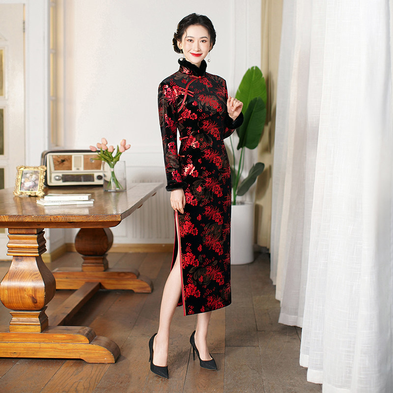 旗袍保暖冬款毛改良妈妈祺袍老年长袖加厚2021年旗袍