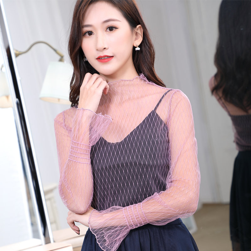 超仙蕾丝打底衫女长袖2019新款秋冬性感镂空网纱内搭上衣喇叭袖仙