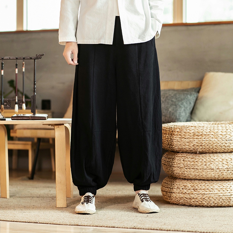 中国风亚麻料长裤男超大码加肥宽松阔腿哈伦灯笼裤束脚太极练功裤