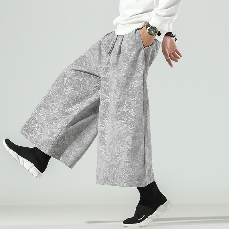 秋季复古中国国风暗纹印花阔腿裤宋裤男超大休闲裤