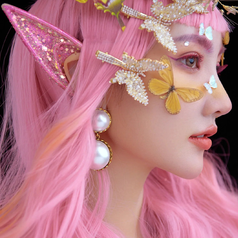 网红红眼鱼鳞亮片鲛人精灵耳朵服饰品眼部超仙美甲工具