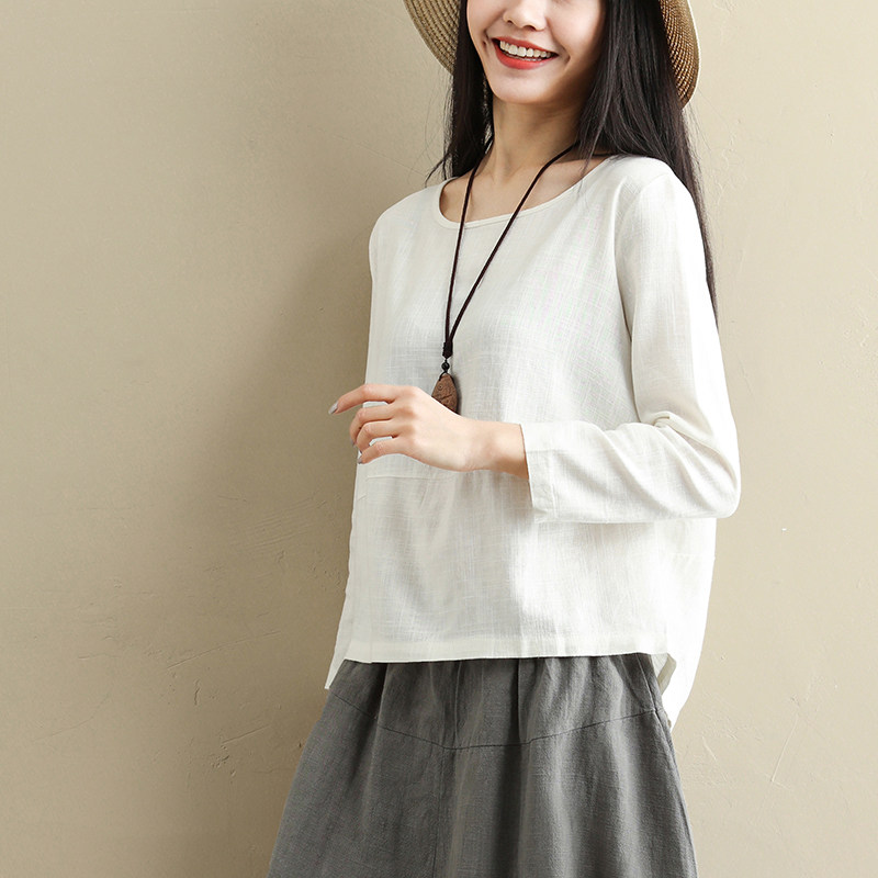 长袖女上衣春秋新款韩版棉麻宽松t恤文艺森女亚麻大码白色打底衫