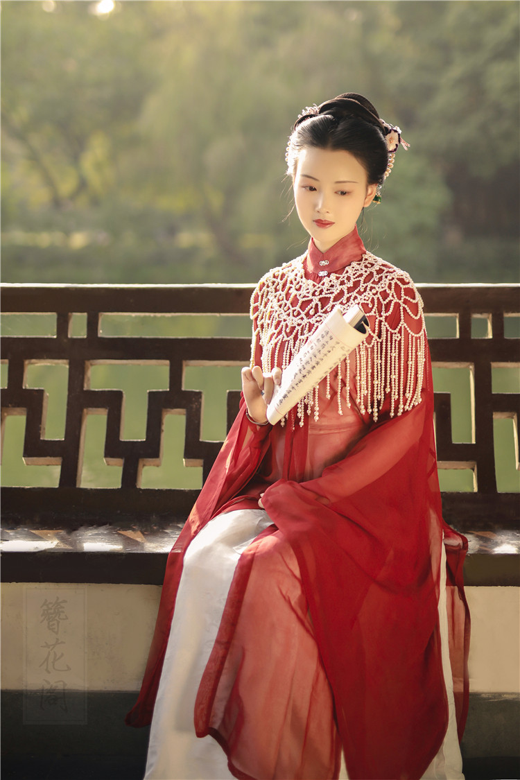 香檀簪花阁汉服定制暗红真丝明制立领竖领纱衫月汉服