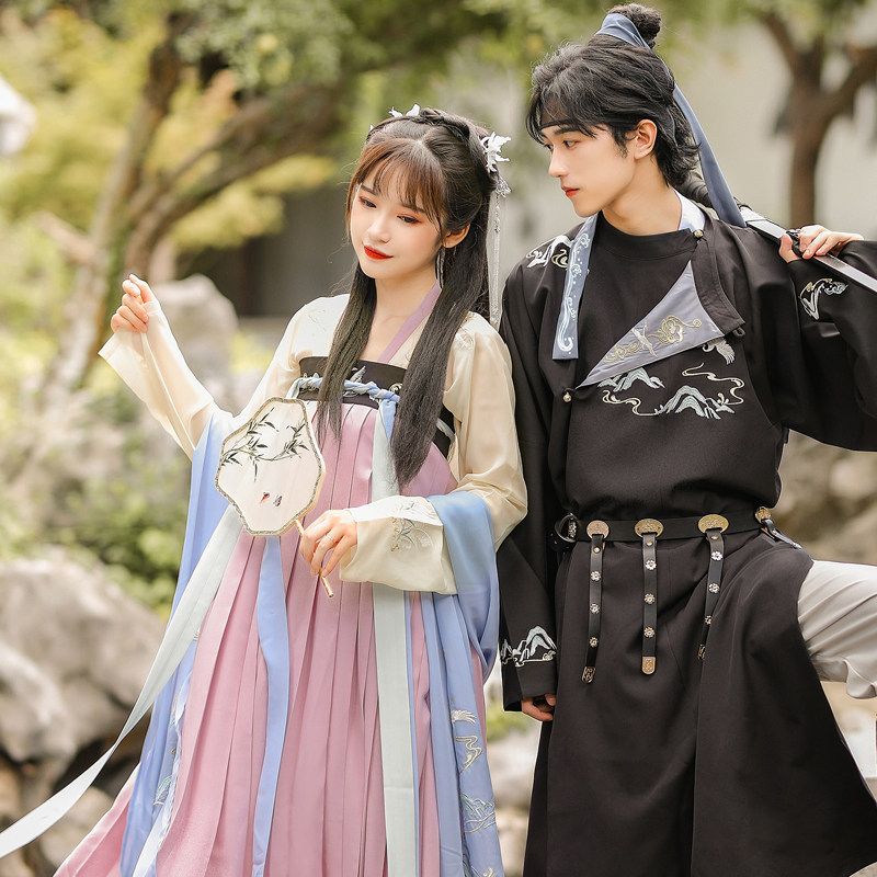 流烟昔泠关雎春夏传统汉服男女cp绣花圆领民族服装