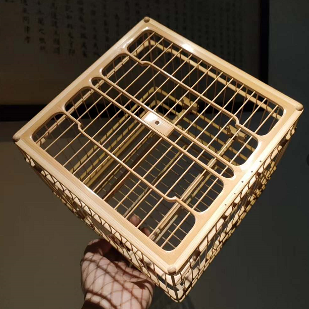 绣眼鸟笼永华款本工留青雕山水金线饕餮门亮笼子