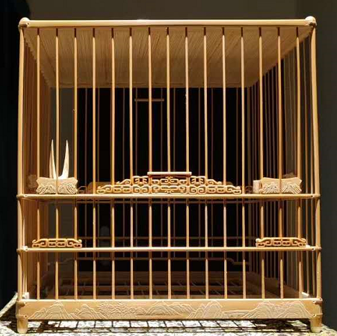 绣眼鸟笼永华款本工留青雕山水金线饕餮门亮笼子