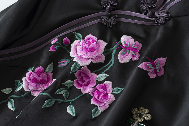 国粹精品新品中式盘扣牡丹刺绣绣花瘦长复古旗袍