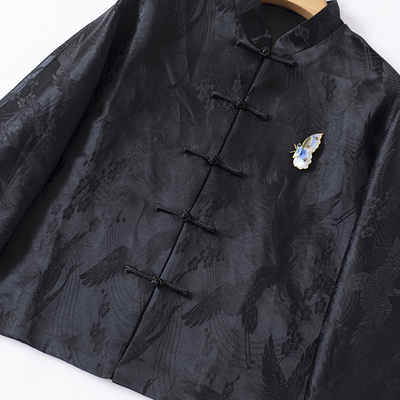 春秋中式古风提花蝙蝠衫短马褂宽松对襟盘扣外套上衣