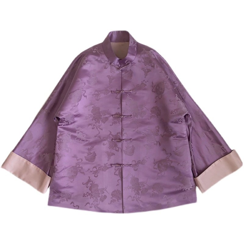 复古盘扣外套上衣宽松对襟立领撞色提花唐装上衣