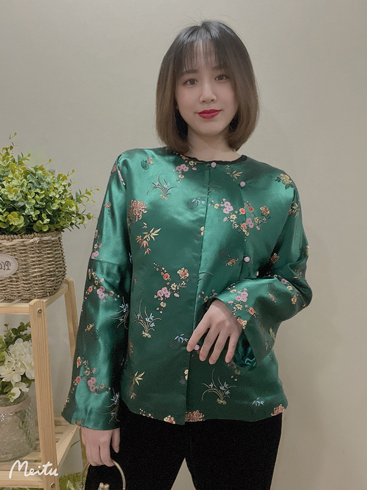 复古中式真丝织锦缎玉扣偏门圆领短款汉服棉衣上衣