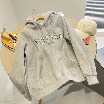 ເສື້ອຢືດ Retro hooded sweatshirt ສໍາລັບແມ່ຍິງໃນດູໃບໄມ້ລົ່ນແລະລະດູຫນາວວ່າງ velvet ຫນາຫນາເປັນຕົວອັກສອນນັກສຶກສາພິມອອກ raglan sleeve top jacket