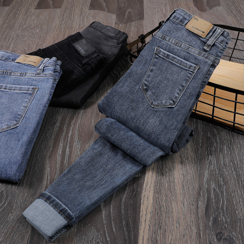 高腰紧身小脚牛仔裤女2021春秋新款弹力修身蓝色加绒铅笔长裤显瘦