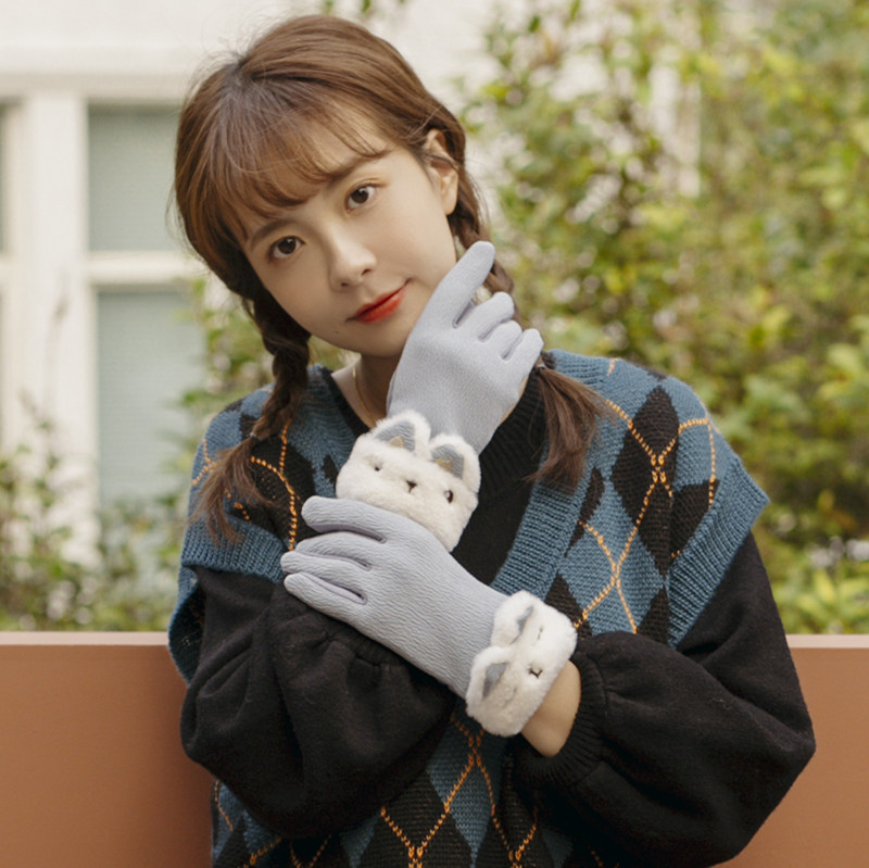 秋冬季女生加绒加厚保暖冬天可爱触屏手套骑车手套