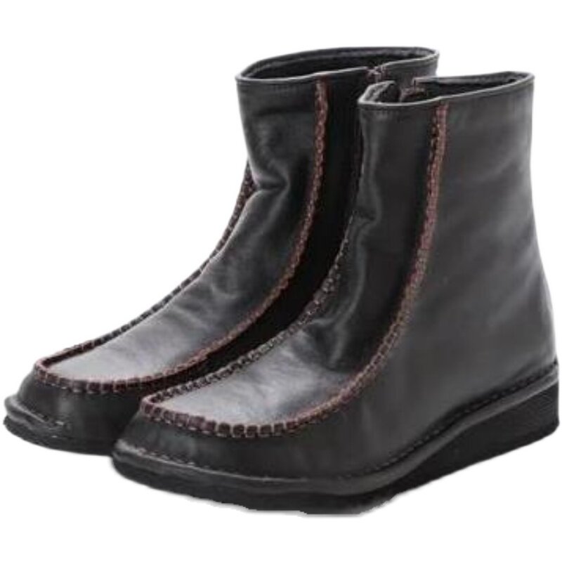 日本时装短靴小坡套筒拉链女靴制纯方头日缝线时装靴