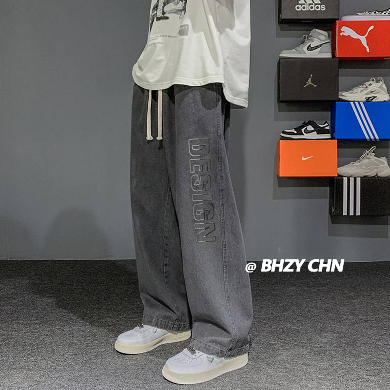 高街字母牛仔裤男春秋款直筒宽松休闲阔腿裤大码春季美式潮牌裤子