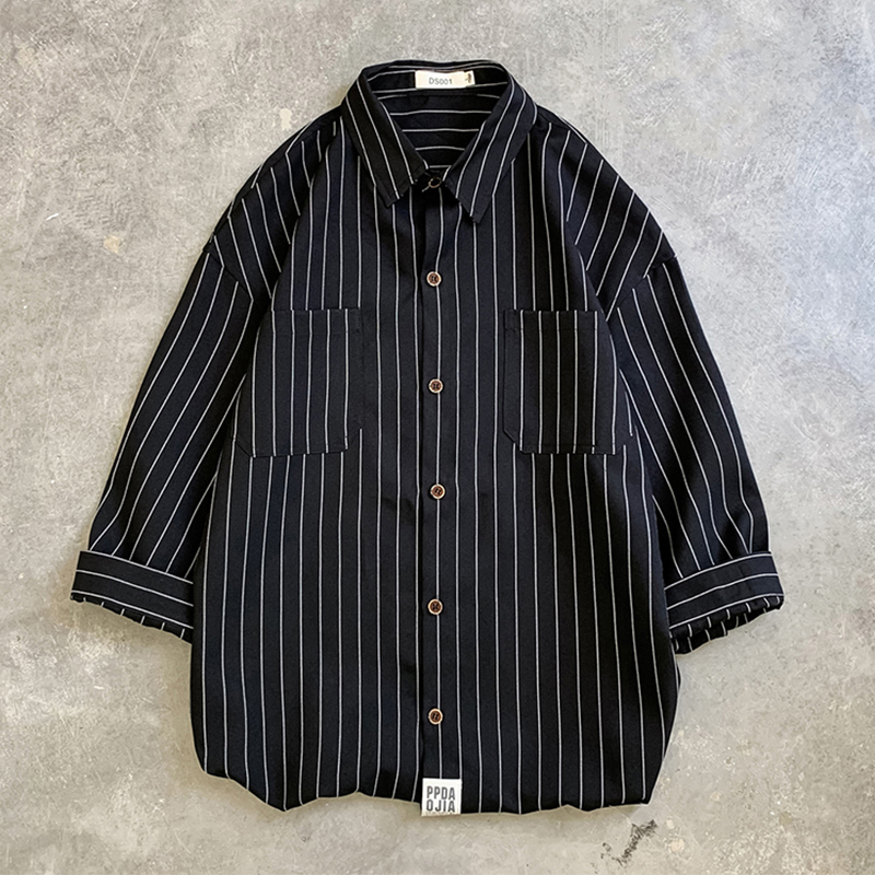 港风日系条纹衬衫男潮流七分袖寸衫胖子宽松大码痞帅衬衣休闲百搭