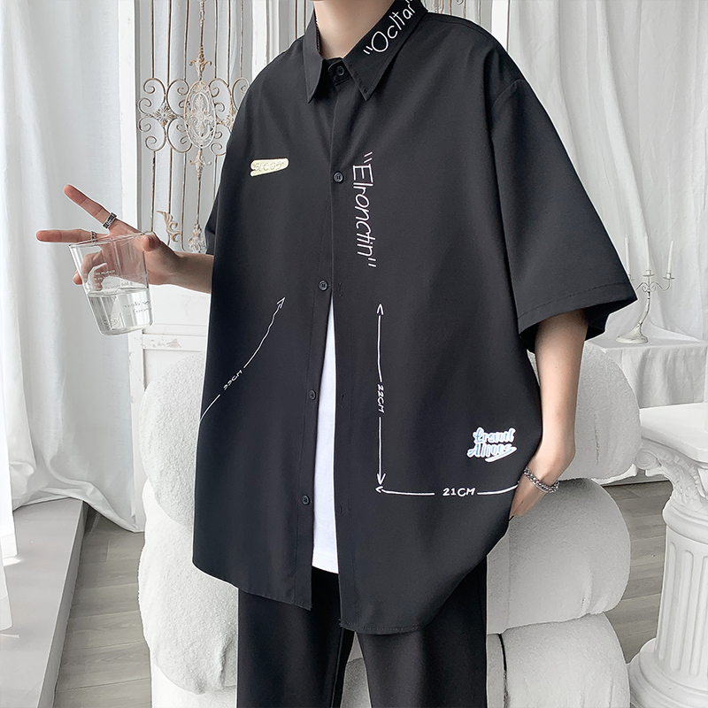 垂坠感冰丝短袖衬衫男夏季薄款宽松大码oversize廓形潮流休闲衬衣