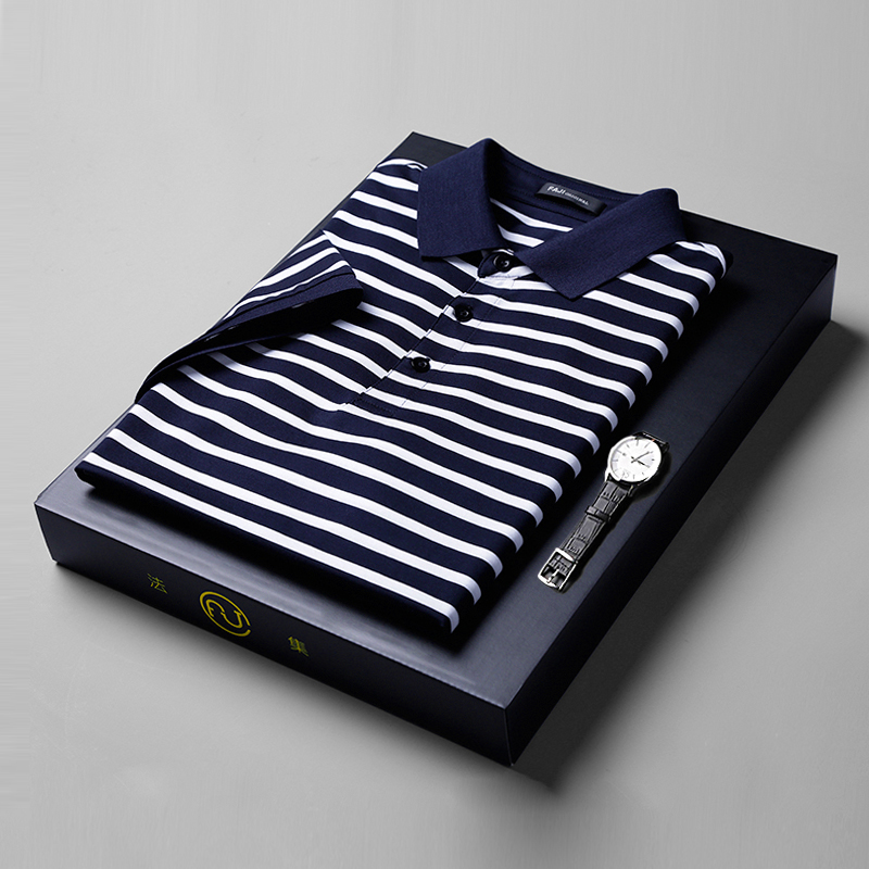 夏季高端T恤男短袖POLO衫横条纹冰丝商务休闲翻领双丝光棉海魂衫
