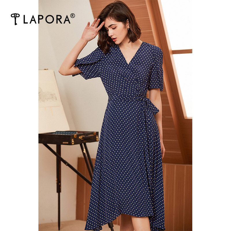 lapora丽莫2020夏季新款圆点领收不规则下摆女士连衣裙