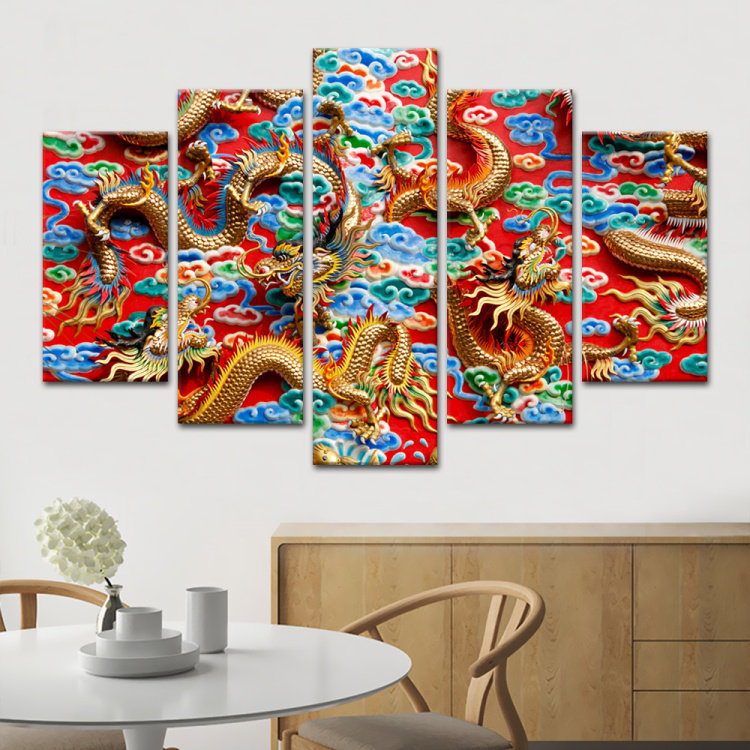 中国中国龙龙图腾五联组合装饰画家居客厅卧室餐厅现代装饰画